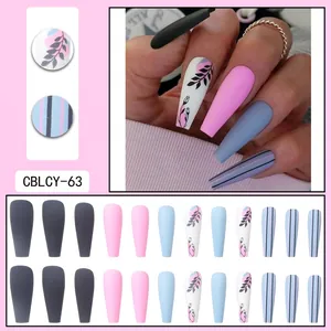 Matte coffin press on nails featuring grey pink blue stripes and floral patterns