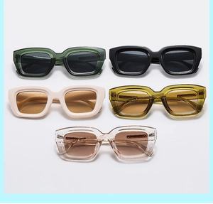 Detailed catalog view showing five stylish rectangle sunglasses in various frame colors