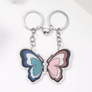 Magnetic acrylic butterfly keychain set with heart magnets and metallic keyrings