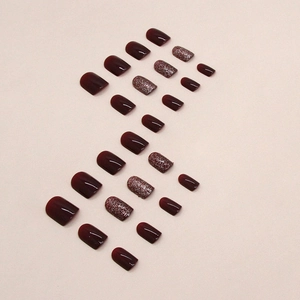 Short square press-on nails set featuring burgundy glossy finish and silver glitter accents