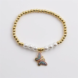 Women Butterfly Pendant Elastic Bracelet Copper Beads Faux Artificial Pearl Colorful Zircon Inlaid Fashion Jewelry Handmade Gift