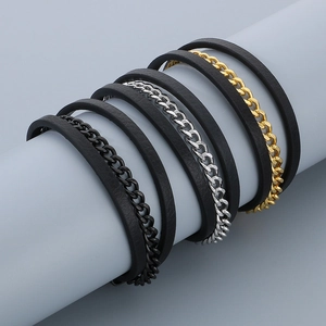 Men's multi-layer leather braid bracelet with stainless steel magnetic clasp