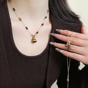 Vintage Tiger Eye Stone Gourd Pendant Necklace Gold Plated Copper With Cubic Zirconia Beaded Retro Style Jewelry For Women