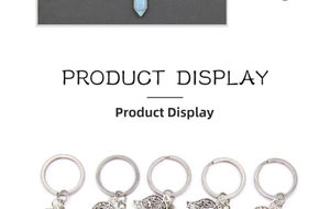 Detail of hexagonal crystal pillar keychains with Hand of Fatima metal charms and rings
