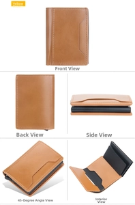 Multi-angle views of brown leather card wallet with automatic card ejector mechanism