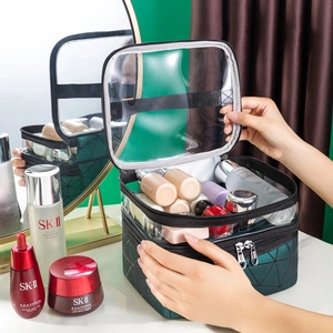 Double Layer Makeup Bag Waterproof PU Leather PVC Transparent Geometric Pattern Portable Travel Toiletry Case Organizer