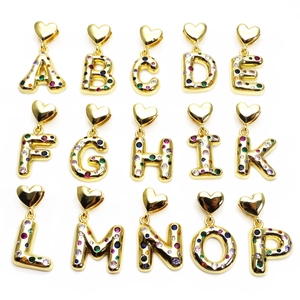 Gold plated alphabet pendants set with colorful zircon stones on heart-shaped clasps
