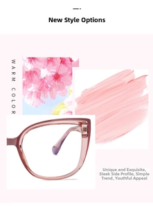 Detalle de montura de gafas ojo de gato rosa con fondo estético de flores de cerezo