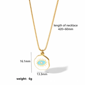 Detail view of 18k gold plated evil eye pendant necklace with cubic zirconia and dimensions