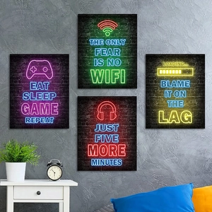 Frameless punk style neon gaming wall art canvas set featuring eat sleep game repeat slogans