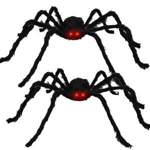 Giant black plush Halloween spiders with glowing red LED eyes on white background