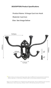 Detail view of vintage cast iron hook dimensions 12.5x14.5cm with mounting hardware