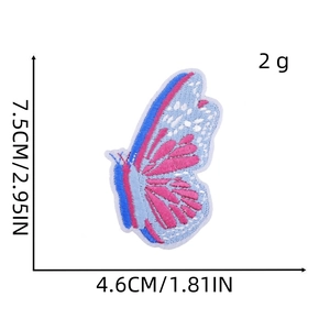 Detailed view of pink and blue butterfly embroidery patch with size measurements