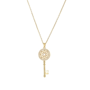 Elegant gold titanium steel key pendant necklace with sparkling zircon pavé for women