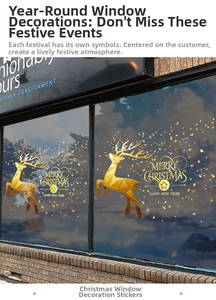 Detailed view of gold reindeer window stickers with Merry Christmas lettering on glass