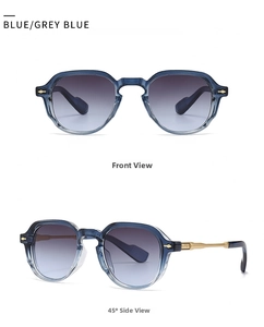 Detail view of retro small square sunglasses with blue frames and blue gradient lenses