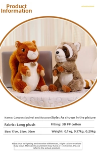 Detail showing plush squirrel and raccoon toys with PP cotton filling and soft faux fur