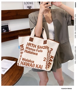 Detaillierte Ansicht der weißen Canvas-Tasche mit braunem Text und Lederriemen am Modell