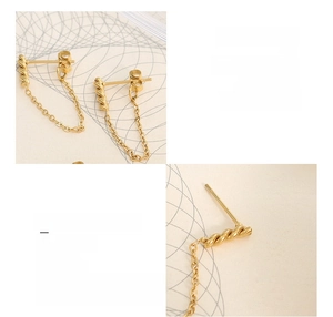 Detailed close-up of 18K gold plated titanium steel twisted chain tassel earrings