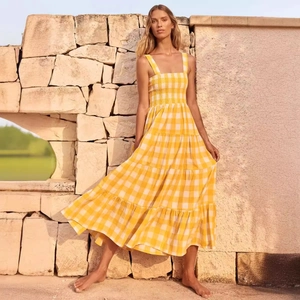Elegant yellow gingham backless maxi dress with tiered skirt for women's summer fashion