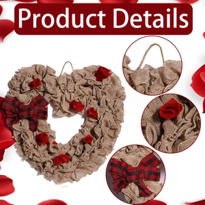 Detail view of heart-shaped burlap wreath with red roses and plaid bow for home decor