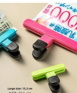 Detail of plastic food clips in two sizes with non-slip rubber pads for snack bag sealing