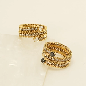 18k gold plated stainless steel multi-layer spiral ring with black and white zircon