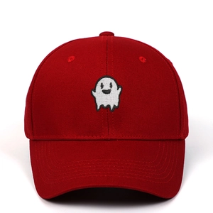 Red baseball cap with white ghost embroidery featuring a classic 6-panel structure design
