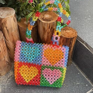 Handmade Beaded Tote Bag Acrylic Colorful Heart Pattern Summer Hollow Hand-Woven Shoulder Bag For Women Fashionable