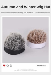 Detail view of hip hop beanie hats with thick synthetic wigs in gray and brown colors