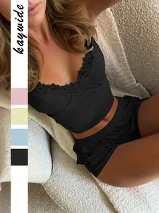 Women Pajama Camisole And Shorts Ribbed Knit Lace Trim V Neck Y2K Viscose Spandex Sleepwear Solid Color
