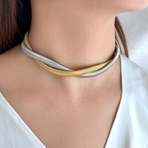 Chic 18K gold and silver two-tone double-layered snake bone chain necklace set