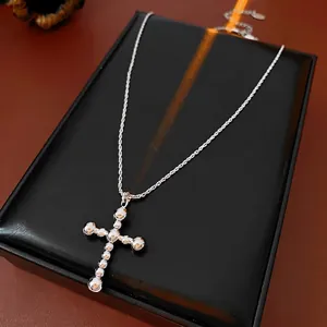 Collier Pendentif Croix À Perles Cuivre Plaqué Or Véritable Chaîne Clavicule Corde Bijoux De Mode Pour Femmes Élégant Minimaliste