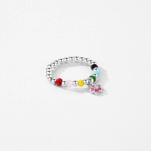 S925 sterling silver beaded ring with colorful accents and a pink flower charm