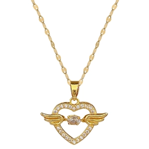 Elegant gold titanium steel necklace with a sparkling heart pendant featuring angel wings