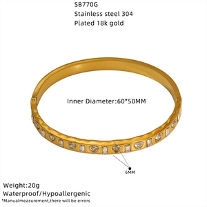 Technical specs of 18K gold plated stainless steel zircon bangle with measurements