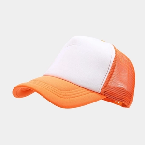 Detail of adjustable snapback closure and breathable orange mesh on the trucker hat