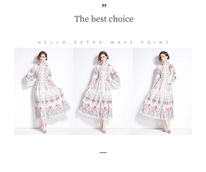 Detail of vintage high-collar maxi dress with colorful ethnic embroidery and side slits