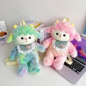 Cute curly sheep plush backpack set in pastel pink and blue gradients for kids gift