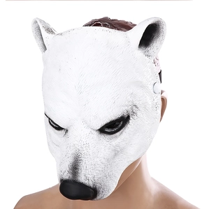 Macro detail of lifelike white bear mask showing bionic fur texture and 3D facial features