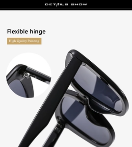 Detail showing flexible hinge and high quality painting on black square sunglasses