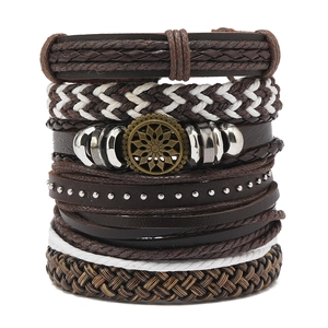 Retro multi-layer woven leather bracelet for men with bronze floral charm and metal studs