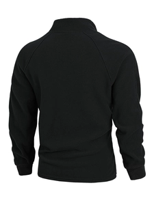 Rear view of black coral fleece sweatshirt with stand collar and textured fabric detail