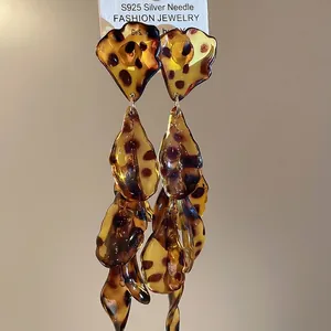 Vintage leopard print acrylic petal drop earrings with S925 silver needles for women