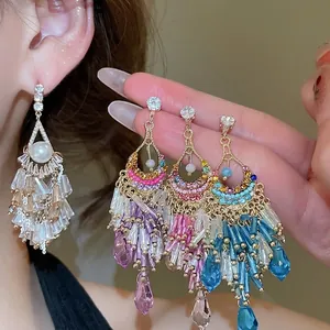 Vintage Boho Palast Stil Lange Quasten Ohrringe Mit 925 Sterling Silber Ohrstecker Legierung Kristall Strass Tropfen
