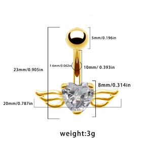 Dimensions détaillées du piercing de nombril doré avec ailes et cœur en zircone