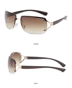 Detail view of rimless square sunglasses with rhinestone accents and gold metal frame