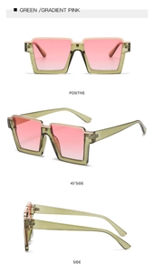 Three-angle view of green square fashion glasses with pink gradient lenses and metal bridge