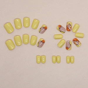 Short square lemon yellow press-on nails with daisy flower and polka dot patterns