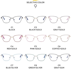Matrix grid display of nine color options for stylish cat-eye metal optical eyewear frames